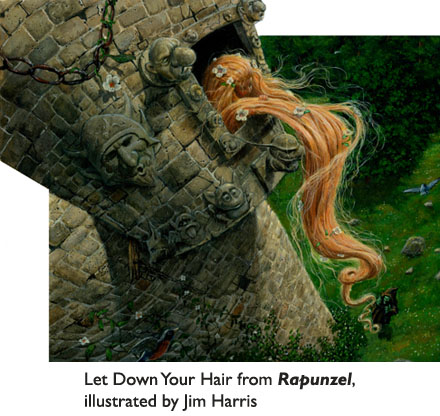 Rapunzel (whose day to day life is about to change... in a princely way.) From the classic fairytale, Rapunzel, illustrated by Jim Harris.